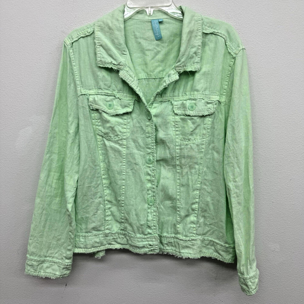 Anthony’s Resort Wear 1X Lime Green Linen Jacket Front Pockets Frayed All Around